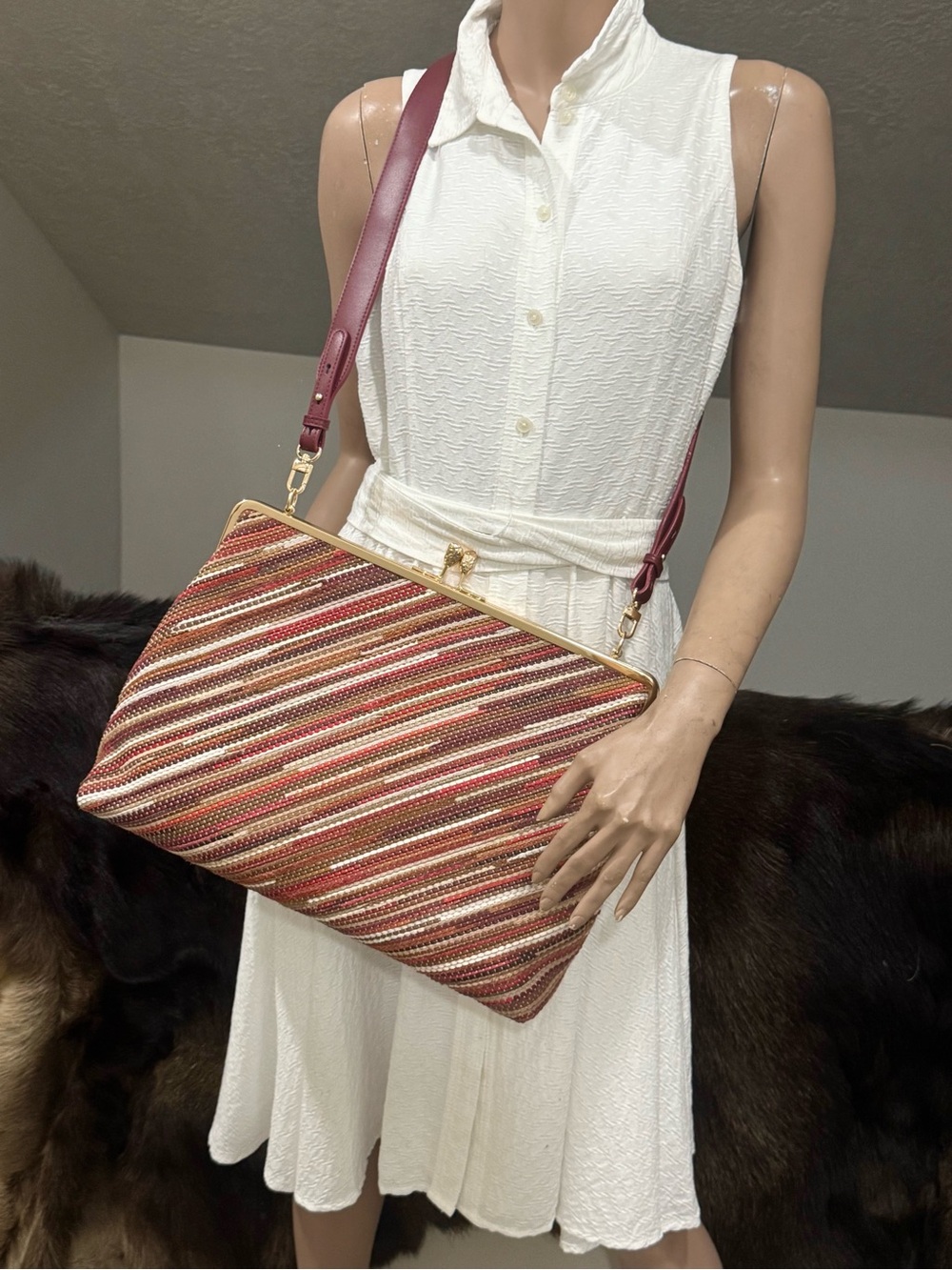 One of a Kind Handmade Genuine Woven Leather Oversized Kisslock Bag, 2 Straps